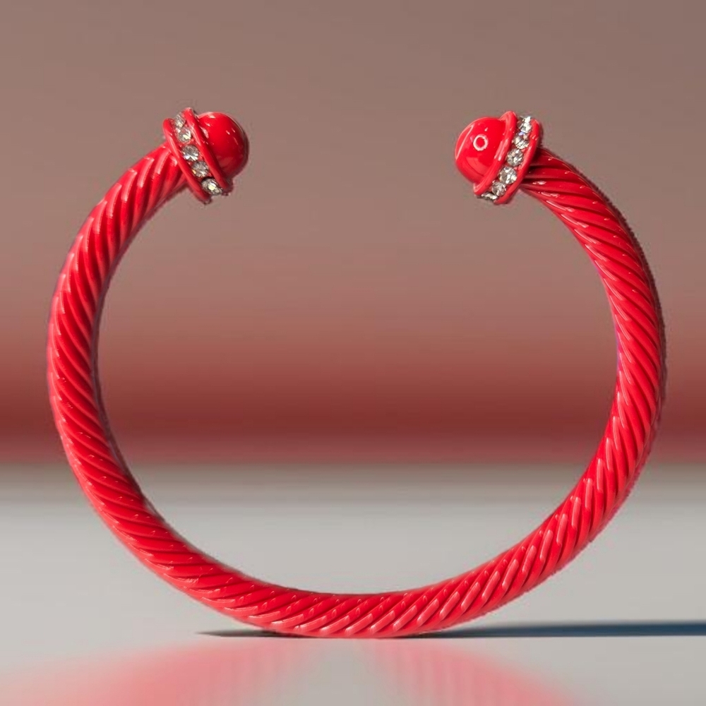 Fabulous Twisted Cable Lipstick Red Enamel Zircon Crystal Bangle Cuff Bracelet